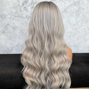 Nxy ブラック/グレー合成レースフロントウィッグ女性のためのボディウェーブレースウィッグロングヘアコスプレ高温繊維合成かつら 230524