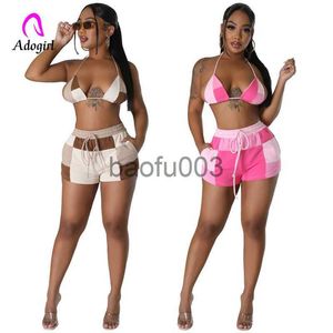 Women's Two Piece Pants Fitness Plaid Women Two Piece Set Color Block Sexy Lace Up Halter Bra Top Matching Shorts Holiday Beach Suits Streetwear Outfits J230713