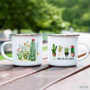 Canecas Cactus Plant Printed Esmalte Mug Creative Coffee Water Milk Cups Summer Campfire Campfire Mugs Handle Drinkware Presentes para Camper R230713