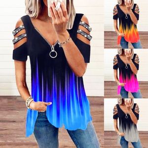 2023 Fashion Woman's V-skend Zipper Pullover Printed Short Soulder Thirt Thirt Top Women و America Wear