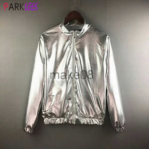 Men's Jackets Mens Shiny Silver Metallic Jacket 70s Disco Dance Christmas Party Varsity Jacket Zipup Baseball Bomber Jackets Coats Jaquetas J230713