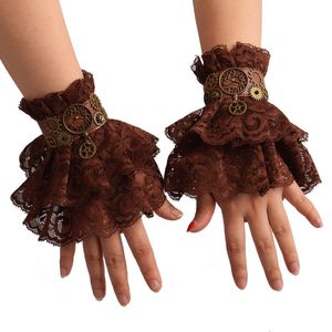 Five Fingers Gloves Steampunk Gloves Wrist Cuffs Women Gothic Punk Lolita Cosplay Hand Sleeve Brown Ruffled Lace Bracelets 230712