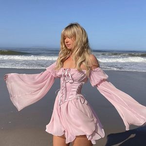 Urban Sexy Dresse Fairy Pink Chiffon Mini Dress Chic Bandage Corset Vintage Long Puff Sleeve Sundress Slash Neck Bridesmaid Bodycon Beach 230712