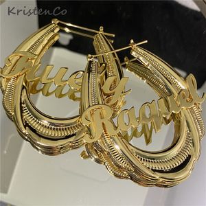 Hoop Huggie KristenCo 65mm Stainless Steel Bamboo Hoop Earrings Customized Name Earrings Bamboo Style Custom Earrings for Women Gift 230712