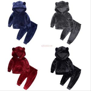 Barn baby flicka kläder set tracksuit pojkar sammet topps sweatshirt hoodie toppar byxor varma bomull 2 ​​st.