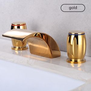 Bathroom Sink Faucets Basin Gold Polished Widespread Deck Mounted Waterfall 3 Hole Double Handle And Cold Water Tap