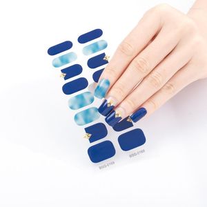 Nagelklistermärken 16tips/ark halvtäckt gelomslag fjäder enkel blå marmor mönster skjutreglage för naglar konstdekor uv lampa behöver