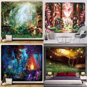 Tapestries Customizable Magic Elf Foggy Forest Mushroom Psychedelic Scene Wall Hanging Home Decoration Tapestry Hanging R230713