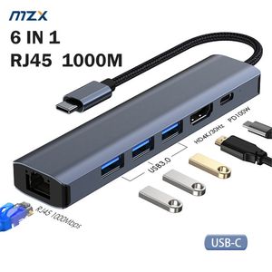 Strömkabelkontakt MZX 6 i 1 1000 Mbps RJ45 Ethernet-dockningsstation 4K-kompatibel USB-hubb 3 0 Typ C 3 0 Koncentratoradapter Splitter Dock 230712