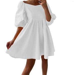 Vestidos casuais femininos soltos, cor sólida, gola quadrada, vestidos de verão bufantes para mulheres, verão, comprimento médio, vestido esportivo feminino