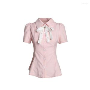 Women's Blouses 2023 Summer 90s Aesthetic Solid Japan Style Fashion Slim Fitting Lolita Tops Sweet Pink Polo Collar Women Shirt