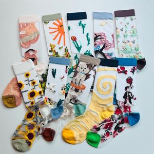 Kadın SOCKS 2023 Fransız Yaz Sanatı Yağlı Boya Şeffaf İpek Pamuklu Sevimli Çorap Moda Nefes Alabilir Çorap İnce Orta Tüp