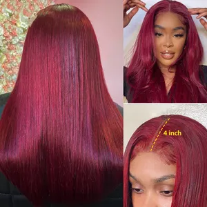 Burgundy 13x4 HD透明レースフロントヒューマンヘアウィッグ99Jストレートレースの前面ウィッグ