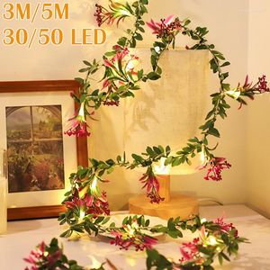 Strings 3/5M LED Flower String Light Green Leaves Fairy Christmas Wedding Party Garland Decor Artificial Vine Lights