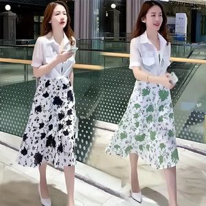 Vestidos de Trabalho Vestido Feminino de Verão Manga Curta Top E Emagrecedor de Comprimento Médio Floral Elegante Linha A Feminino Terno de Duas Peças G364