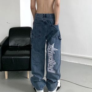 Jeans Masculino Y2K Feminino Moda Coreana Streetwear Casual Letra Estampada Calça Reta Perna Larga Calça Baggy Denim Calça Masculina Cintura Baixa Roupas 230713