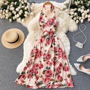 Abiti casual Estate Halter senza maniche Off The Shoulder Dress Women Fashion Print Floral Vintage Beach Backless Sexy Club Long