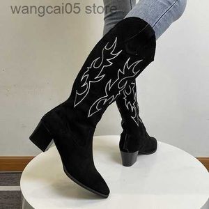 Buty haftowane zachodnie buty dla kobiet kowboja kowgirl mody chunmy pięta poślizg na butach marki Desiger czarne buty do palców t230713