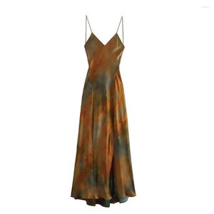 Casual Dresses Summer Fashion Women's Retro Temperament Sexy V-neck Thin Shoulder Strap Large Leaky Back Silk Satin Texture Printed Dress