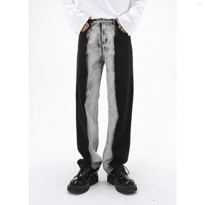 Men's Jeans Black And White Tie-dye Contrast Color Fashion Brand Loose Straight High Street Ruffian Handsome Trousers