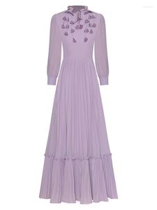 Casual klänningar damer Autumn Högkvalitativ Fashion Purple Pleated Lace Up Unique Luxury Temperament Slim Elegant Party Celebrity Midi Dress
