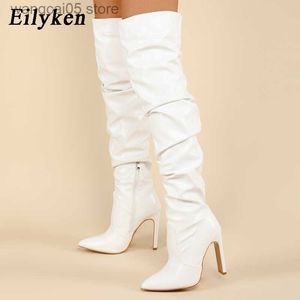 Buty Eilyken plisowane uda wysokie buty moda spiczaste stóp z suwak żeńskie szpilki kwadratowe obcasy białe czarne brązowe buty damskie T230713