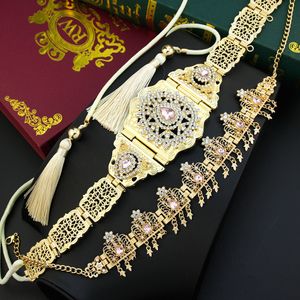 Nabelklingelknopfringe Sunspicems Goldfarbe Rosa Kristall Frauen Taillenkette Gürtel Kopfkette Marokko Braut Hochzeit Schmuck Handseil Quasten Gürtel Kaftan 230713