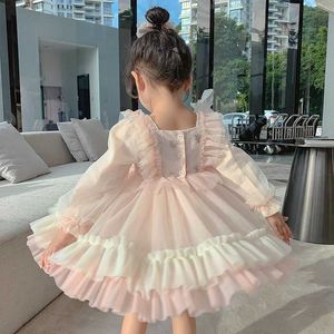 Flickans klänningar Spring Girls Clothing Lolita Style Elegant Lace Wedding Dress Girls Princess Party Pageant Tulle GOWN KIDS KLÄDER 2-7YEARSHKD230712