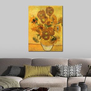 Handgefertigte Stillleben-Vase auf Leinwand mit fünfzehn Sonnenblumen, Gemälde von Vincent Van Gogh, impressionistisches Kunstwerk, Badezimmer-Dekoration