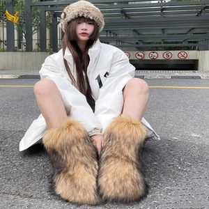 驚くべき女性の毛皮のようなブーツふわふわフォックス毛皮のブーツぬいぐるみ温かい雪のブーツ豪華なファジーボットファッション冬の温かい靴l230704
