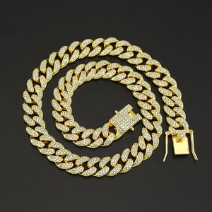13mm Striped Cuban Chain Women Men's Necklace Yellow Golden Full Artificial Diamond Hip Hop Rock Style Clavicle Necklace 60cm Long