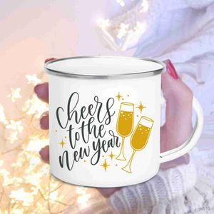 Mugs Cheers To The New Year Print Enamel Mugs Happy New Year Party Wine Beer Coffee Cups Dessert Hot Cocoa Handle Cup New Year's Gift R230713