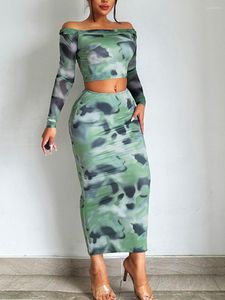 Vestidos de trabalho Sexy Mesh Tie Dye Conjunto de Duas Peças Mulheres Hipster Ombro Fora Manga Completa T-shirts Cintura Alta Saias Skinny Roupas Femininas Exclusivas