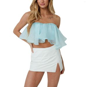 Regatas femininas Temperamento feminino babados Tops tubulares Cor sólida Decote canoa Regata sem alças Camisas cai-cai sem costas para o verão Roupa de rua