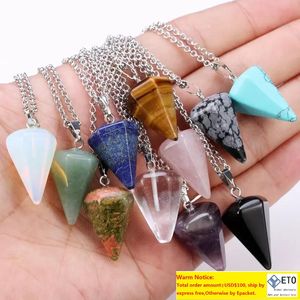 Natural gemstone crystal healing chakra aura silver stone pendant necklace beads hexagonal prism pendulum