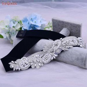 Belts TopQueen S280 Women's Black Elastic Band Handmased Beaded Water Diamond Applique Party Evening Dress Accessories Daily Fashion Z230714