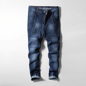 Mäns jeans avslappnade blå byxor koreanska mode smala 2023 ungdomar rak stretch bomull