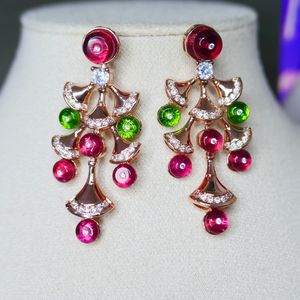 Stud Wholesale Romantic Cubic Zircon and Green-Red color Stone Geometric Fan-shaped Long Dangle Earrings Rose Gold Plated Jewelry 230712