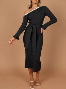 Casual Dresses Sexy Slim Elastic Knitted Women Long Sleeve Diagonal Collar Dress Autumn Winter Solid Prom Party Vestidos