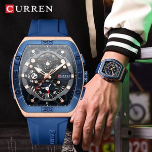 Wristwatches Fashion Sport Multifunctional Curved Mirror Quartz Men's Watch CURREN Luxury Tonneau Luminous Hands Silicone Straps Watches Man 230712
