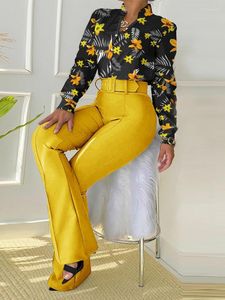 Kadınlar İki Parçalı Pantolon Zarif Kadın Pantolon Setleri Çiçek Mektup Baskı Tam Kollu Temel Bluz ve İş İşi resmi geniş bacak pantolon