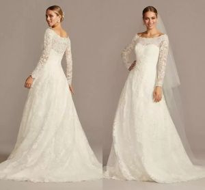 Schulterfreies A-Linien-Brautkleid von OLEG CASSINI aus Spitze mit Spitzenapplikation, langen Ärmeln, Brautkleid in Übergröße mit Schleppe