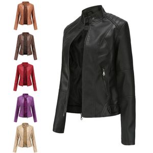 Ternos jaqueta de couro feminina jaqueta fina seção fina primavera e outono jaqueta motociclista roupas tamanho grande gola de couro jaqueta