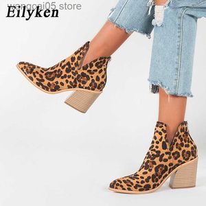 Stivali EilyKen Donna Inizio inverno Stivaletti Leopard Donna Cerniera Casual Nero Cowboy Tacco quadrato Stivaletti Scarpe Zapatos De Mujer T230713