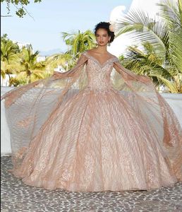 Vestidos quinceanera ouro rosa estampado com glitter e capa brilhante lantejoulas frisado espartilho com cadarço Sweet 15 Vestidos de debutantes