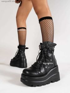 Botas BONJOMARISA Marca Goth Plataforma Alta Cunha Feminina Fivela Zíper Botas Punk Cool Street Salto Grosso Cadarço Outono Sapatos Femininos T230713