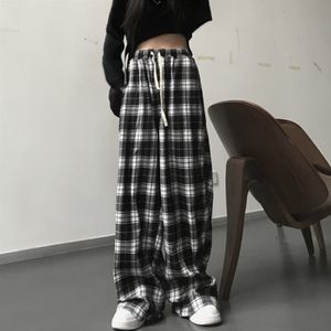 Womens Pants Capris Streetwear Black and White Plaid Oversize Unisex Harajuku High Waist Wide Leg Trousers Retro Straight Sweatpants Women 230713