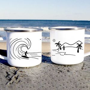 Mugs Personalized Surfer Beach Camper Mug Underwater Divers Hawaii Cups Beach Campfire Enamel Water Coffee Mugs Creative Surfing Gift R230713