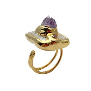 Cluster-Ringe KKGEM 23 mm natürlicher lila Amethyst Druzy Süßwasser-Zuchtperlenring mit weißem Quadrat, verstellbar