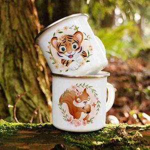 Mugs Cute Forest Animal Tiger Lion Deer Print Mugs Creative Coffee Milk Cup Kid Animal Theme Party Juice Enamel Mug Gift for Children R230713